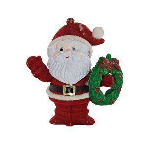 Vintage Flocked Santa Claus Holding Wreath Ornament Christmas Hong Kong